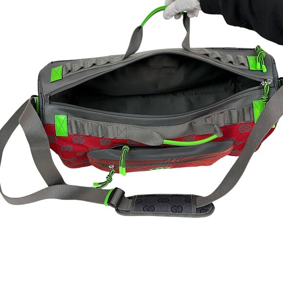 Gucci Men's Duffle Bag GG Jacquard Nylon & Rubber Large Color Gray-Green-Red - Picture 11 of 16